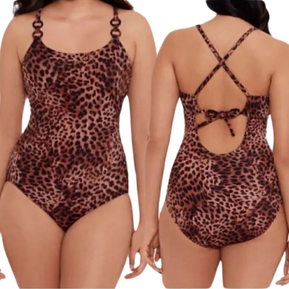 NWTs Time and Tru Leopard Double Ring Strap One Piece Swimsuit Size Large